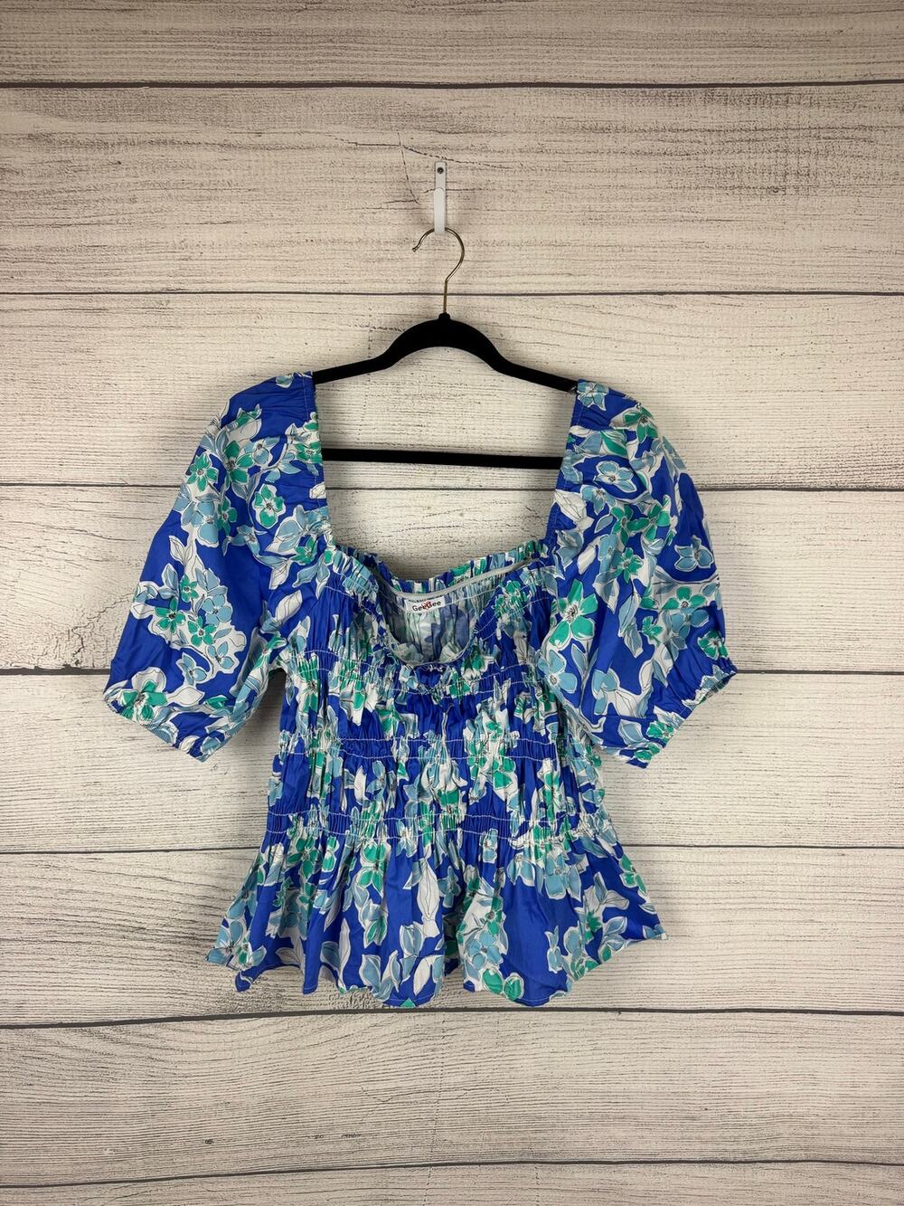 GeeGee Plus Size Blue Smocked Puff Sleeve Floral Blouse Size 3XL